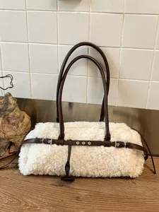 Women Faux Fur Plush Tote Bag PU Leather Strap Shoulder Underarm Bag Large Capacity Commuting Fashion Winter Handbag