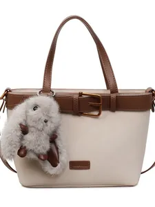 Sac seau vintage crème et marron avec poignée et breloque lapin en peluche doux