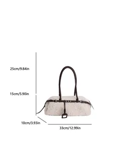 Chic off-white faux shearling tote bag with brown leather straps and metal buckle accents