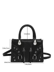 Black punk style leather handbag with braided handle and size dimensions marking