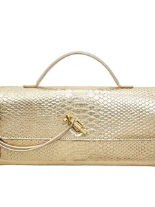 Goldene Baguette-Tasche mit Schlangenprägung und dekorativer metallischer Knotenschließe
