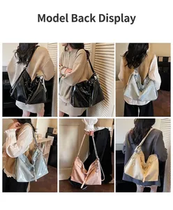 Collage of large tote bags in black, blue, pink and white shown on models for daily commute