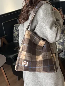 Retro plaid tote bag with large capacity featuring soft wool fabric and bear label