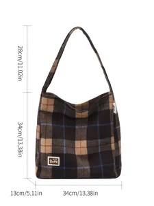 Large plaid canvas tote bag for women featuring bear patch and detailed size dimensions