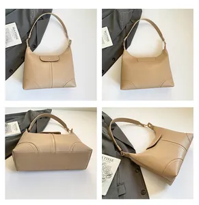Detailed views of beige minimalist leather tote bag showing front, back, and side angles