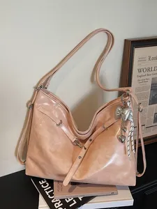 Women Large Capacity Glossy PU Tote Bag Minimalist Commuter Shoulder Bag Elegant Chic Hobo Crossbody Bag With Bow Pendant Accessory
