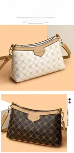 Detail of monogram leather shoulder bag with adjustable strap and gold metal zippers