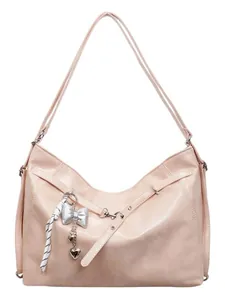 Pink faux leather tote bag with silver bow charm and striped rope on white background