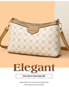 Detail of white lychee-grain faux leather crossbody bag with brown logo patterns