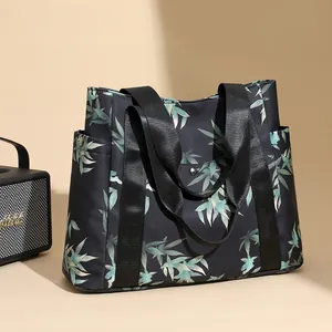 Women's Bamboo Leaf Print PU Tote Bag Large Capacity Waterproof Shoulder Bag Casual Handbag For Daily Travel Shopping