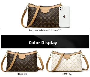 Size comparison of floral crossbody bag next to iPhone and available color options