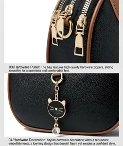 Detailopname van gouden ritsen en een zwarte kattenhanger op een gewatteerde leren tas