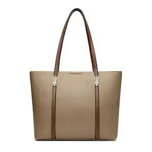 Grand sac cabas en cuir kaki pour femme avec des lanières marron foncé et détails dorés