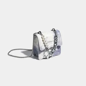 Mini Borsa a Tracolla con Motivo Marmo per Donna Manico in Perla Artificial Sintetica Design Bordo Ondulato Borsa a Spalla Quadrata