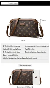 Detailed size comparison of brown crossbody bag with dimensions 24x16x6cm and smartphone