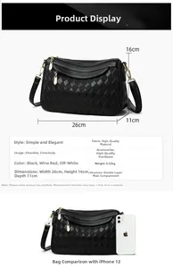 Detailed size specifications of the black quilted shoulder bag with dimensions and phone comparison