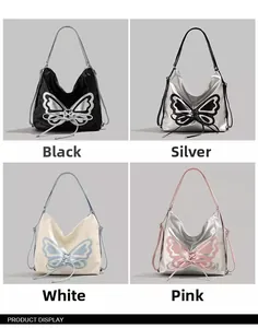 Four color variants of butterfly ribbon shoulder bags in black, silver, white, and pink