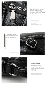 Detail shot of silver brushed metal zipper and square buckles on black lychee leather bag