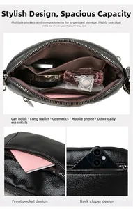 Detail of lychee pattern leather crossbody bag showing multi-pocket interior and capacity