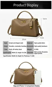 Comparaison de taille détaillée du sac kaki texturé avec iPhone 12 et les dimensions