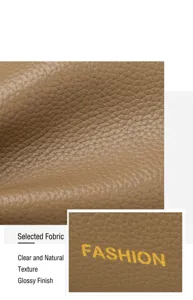 Gros plan sur le cuir grainé marron du sac et l'impression dorée du logo de la mode
