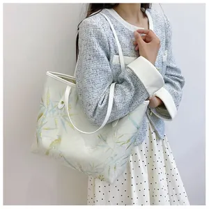 Detail of large tote bag with blue bamboo and bird prints in Chinese minimalist style