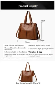 Detailed view of brown leather tote bag dimensions 39x32x14cm and internal structure