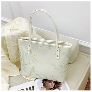 Women's New Chinese Style Tote Bag Elegant Bamboo Leaf Bird Print Large Capacity Shoulder Bag Casual Commuting Handbag Vintage Fabric Purse