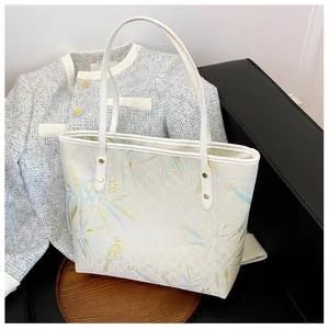 New Chinese style tote bag with bamboo and bird embroidery on fabric with leather straps