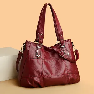 Vintage burgundy large capacity PU leather tote bag with patchwork and shoulder strap