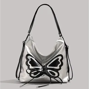 Y2K Metallic Butterfly Underarm Bag For Women PU Leather Ribbon Bow Hobo Shoulder Bag Sweet Cool Commuter Purse