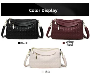 Quilted leather crossbody bags shown in black, wine red, and beige colors