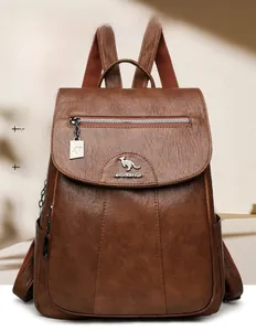 Detail of vintage brown leather backpack showing high-capacity design and texture
