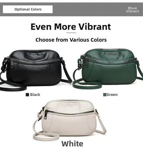 Detailed view of fashionable crossbody bags in black, green, and white pebbled leather