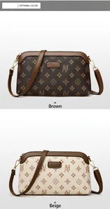 Vertical view of two small crossbody bags featuring vintage monogram pattern in brown and beige