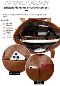 Detailed view showing interior capacity and pockets of the brown faux leather tote bag