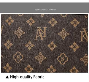 Close-up of premium dark brown synthetic leather with classic floral monogram texture