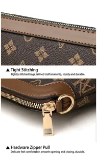 Detail of brown monogram bag showing neat stitching and premium golden metal zipper