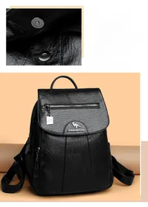 Detail of magnetic snap closure and texture of black leather backpack for women