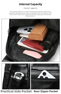 Macro view of the large capacity interior compartments of this black fashion backpack