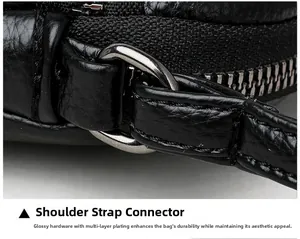 Detail of multi-layer plated hardware connector on black pebble grain leather shoulder bag