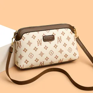 Women Shoulder Crossbody Bag PU Leather Vintage Monogram Pattern Zipper Closure Casual Travel Handbag