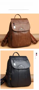 Detail view of stylish leather backpacks in brown and blue with metal kangaroo logos