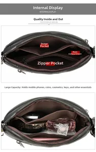Detailed interior view of a black leather crossbody bag showing spacious compartments