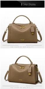 Détail du sac à main abricot foncé avec texture litchi, détails dorés et lettrage FASHION