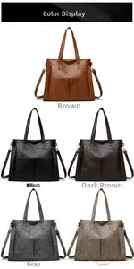 Detailed color selection showing five shades of soft leather tote bags with side pockets