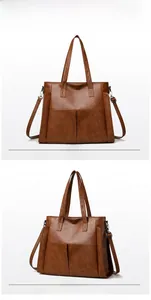 Detailed view of brown leather tote bag showing side and front angles with silver hardware