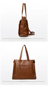Detail of brown leather tote showing the metal D-ring side and back zipper pocket