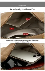 Détails de l'intérieur du sac en cuir avec poches zippées et compartiments spacieux