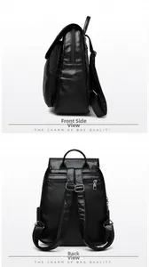 Detail view of black PU leather backpack showing side pockets and anti-theft back pocket